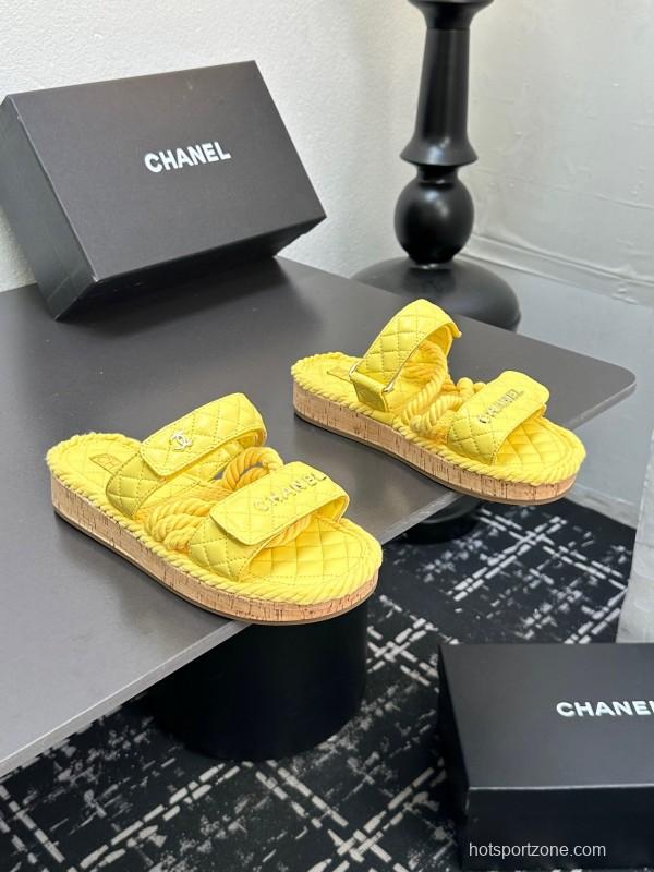 2025 CHANEL Yellow Quilted Fabric Slippers