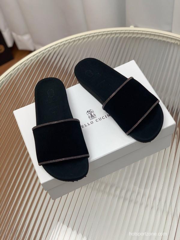2025 Women BRUNELLO CUCINELLI Black Imported Suede Flat Sandals Handcrafted Beaded Chain Decoration KFY00240(F)