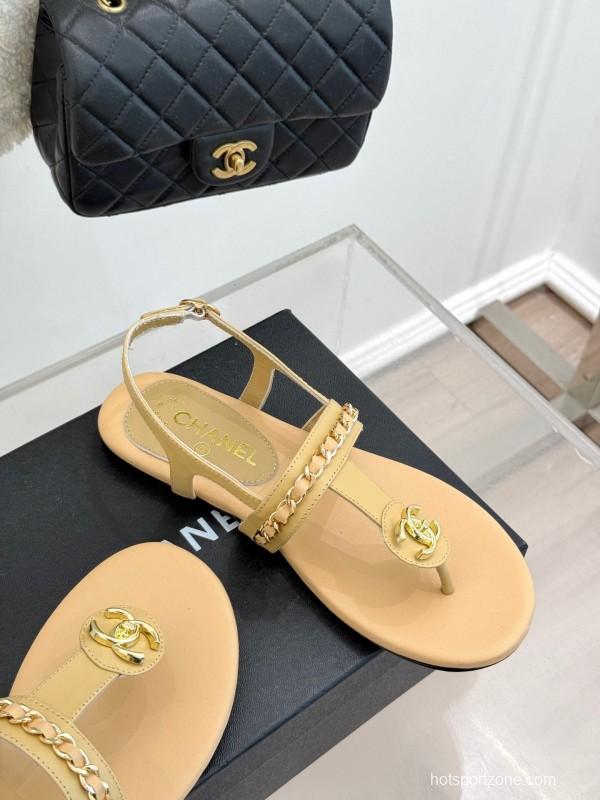 2025 Women Chanel Apricot Leather Sandals KFY00250