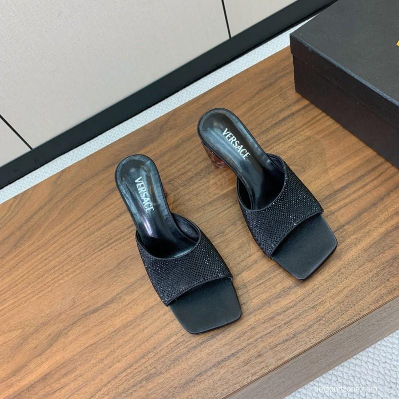 2025 Women VERSACE Black Silk Satin Slippers KFY00300