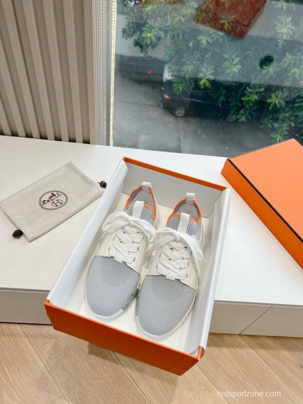 2024 Unisex Hermès Gray White Orange Calf Leather Suede Knit Sneakers MJ00290
