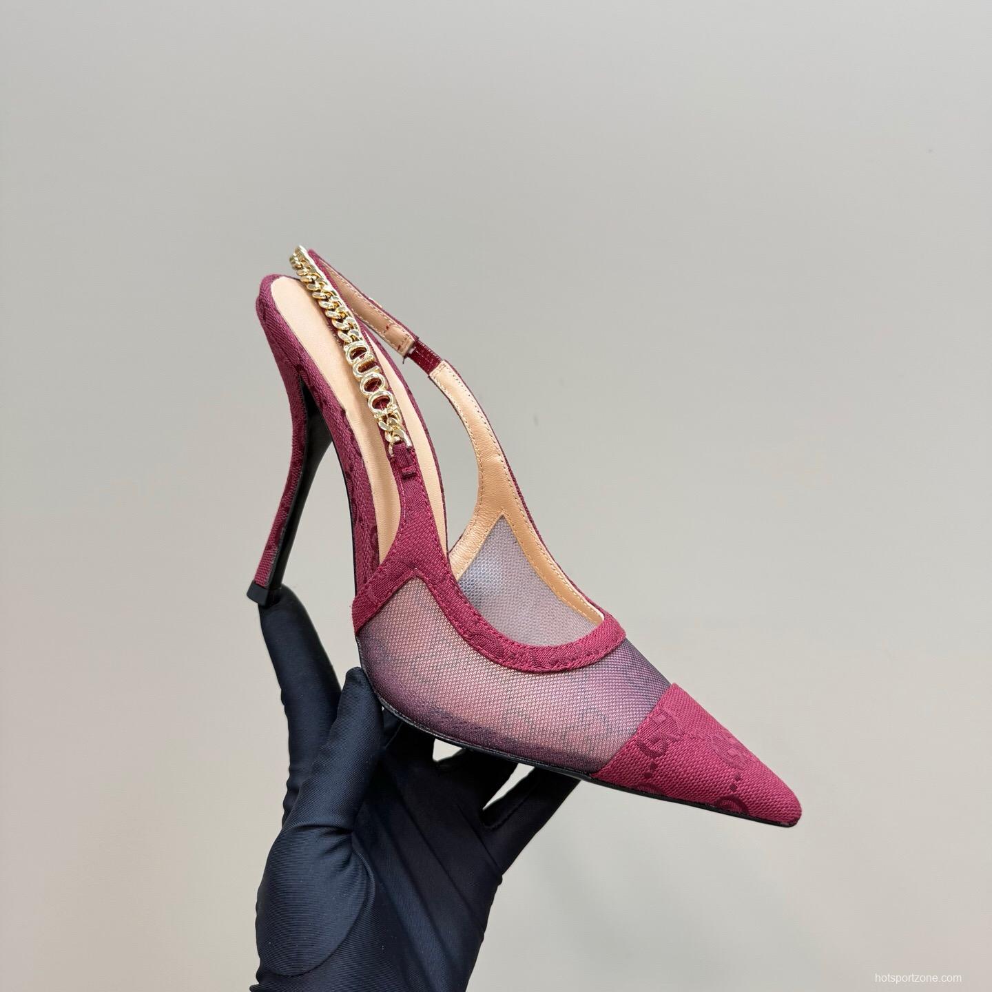 2025 Women Gucci Burgundy Mesh Chain Detail Slingback Pumps KFY00300(F)