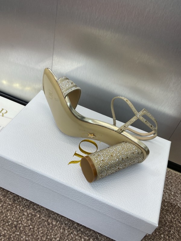 2025 Women Dior Gold Crystal Embellished Leather Sandals KFY00320
