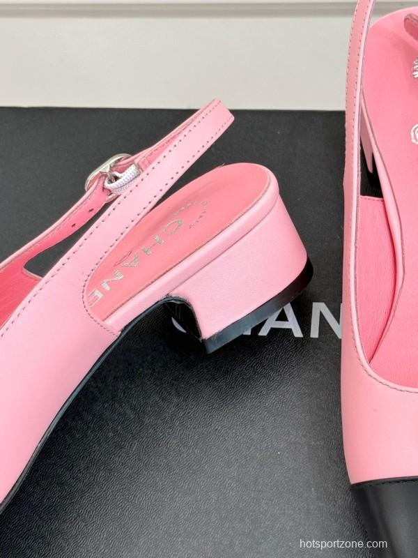 2025 Women Chanel Pink Black Leather Slingback Low Heel KFY00280