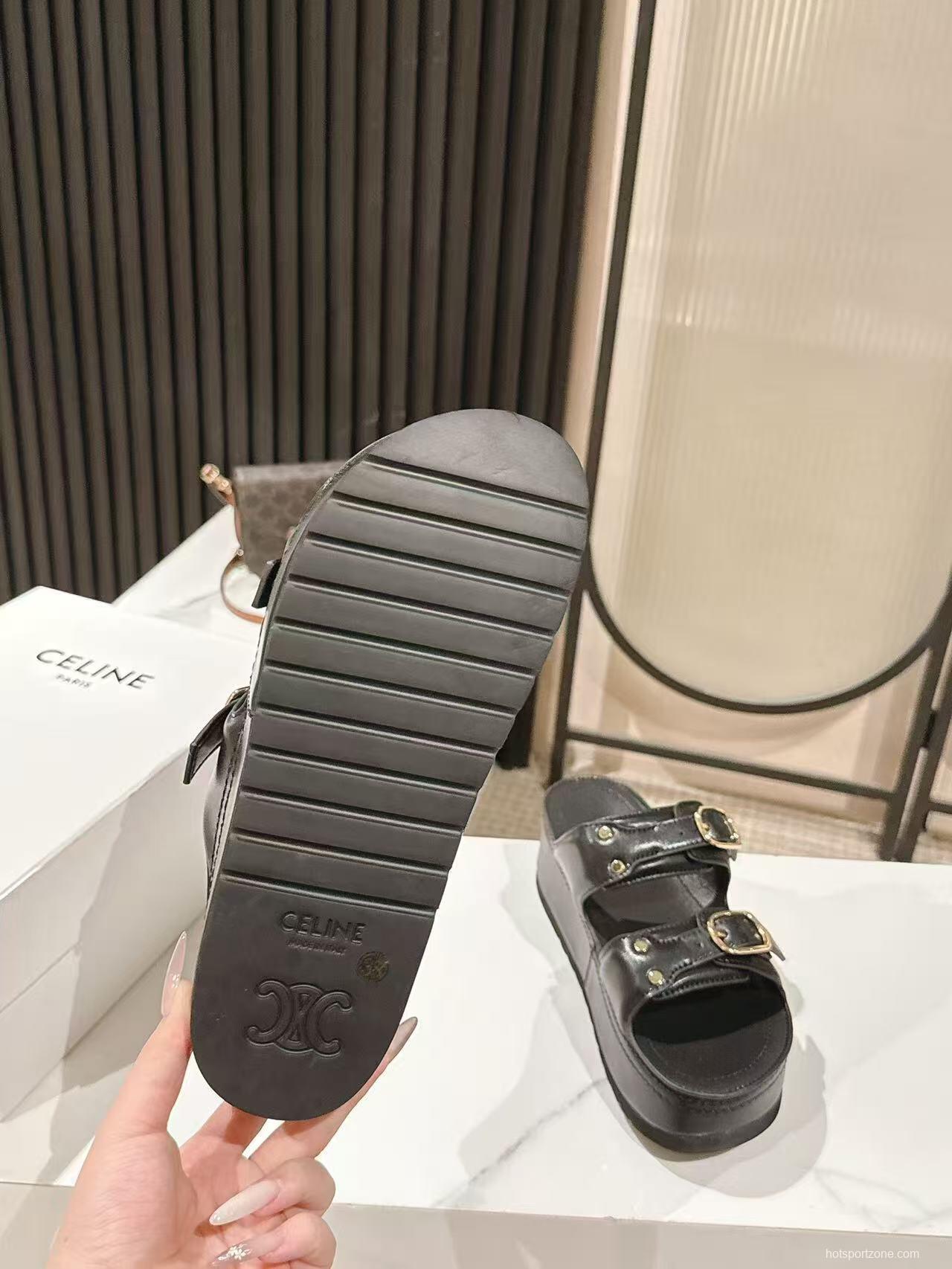 2025 Women Celine Black Leather Platform Slide Sandals LY00300
