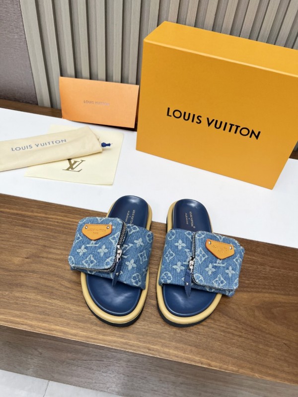 2025 LV Blue Denim Leather Slippers