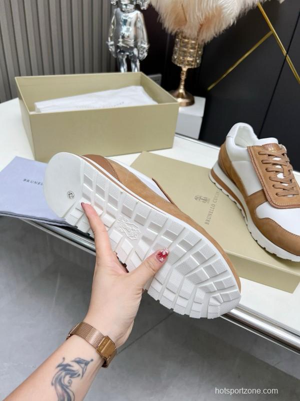 2024 Unisex Brunello Cucinelli White Brown Suede Leather Sneakers MJ00360