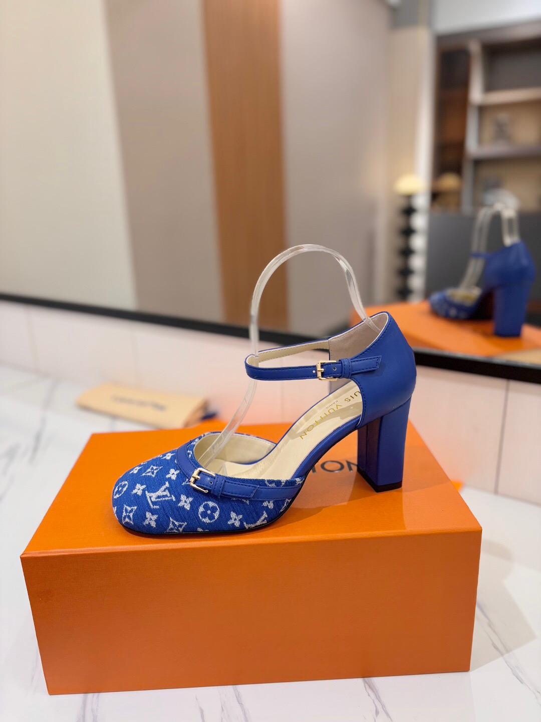 2025 Women Louis Vuitton Blue Denim Leather Heels KFY00310