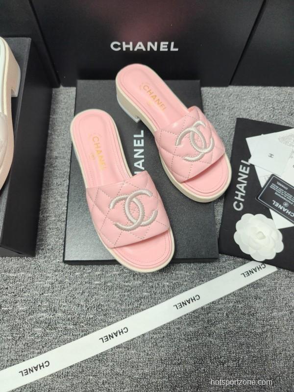 2025 Women Chanel Pink Leather Slippers
