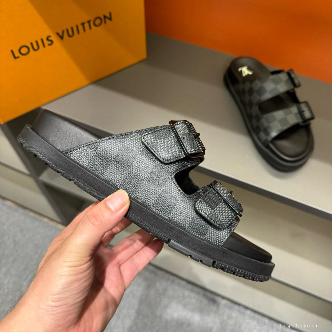 2024 Slippers Louis Vuitton Grey Black Leather Slippers