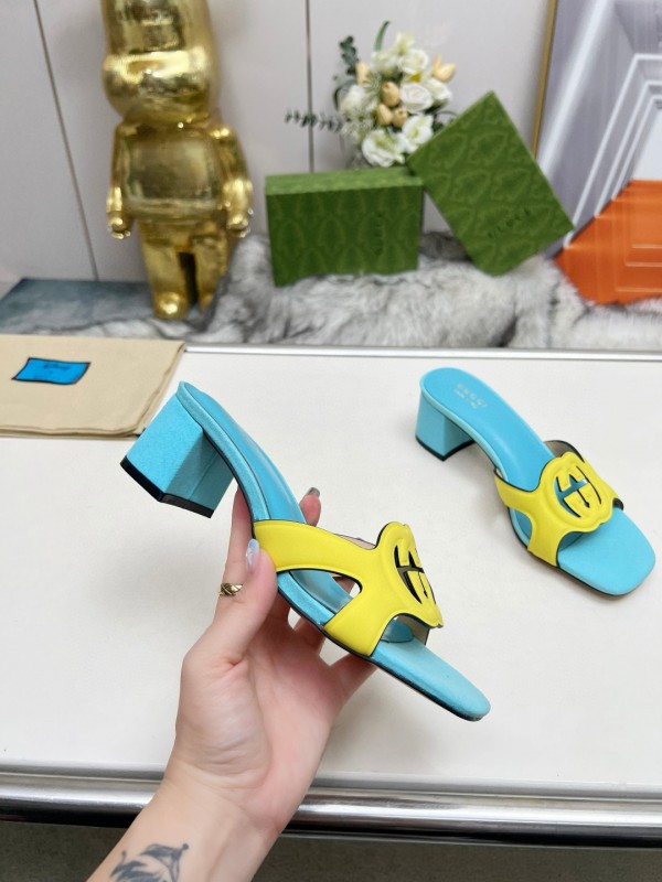 2025 Gucci Blue Yellow Leather Slippers