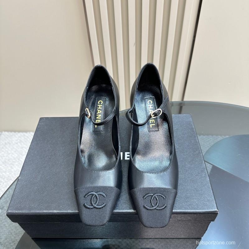 2025 Women Chanel Black Leather Mary Jane Shoes KFY00290