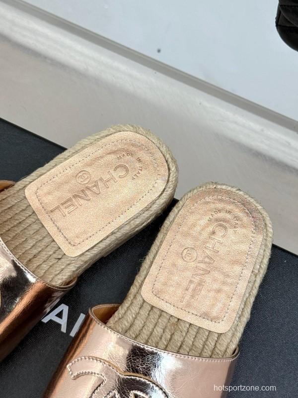 2025 Slippers Chanel Rose Gold Leather Women Espadrille Handmade KFY00230