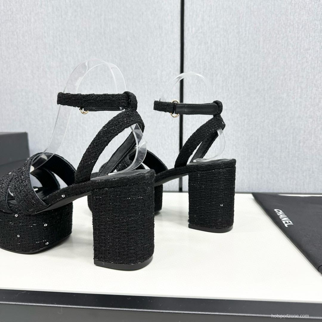2025 Women Chanel Black Fabric Platform Sandals MJ00310
