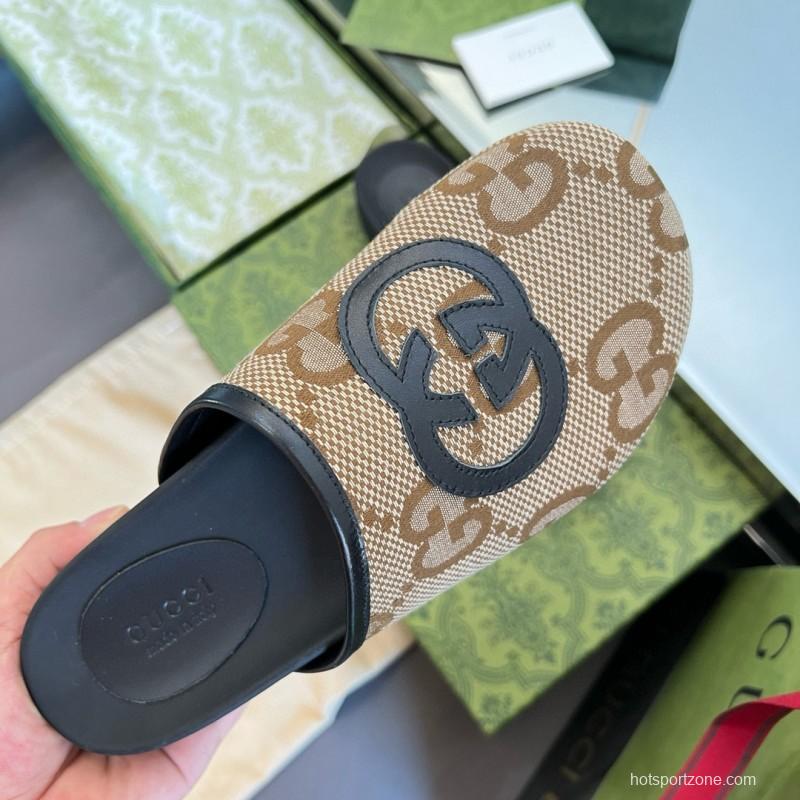 2024 Unisex Gucci Beige Brown Leather Slippers GG Pattern MJ00280