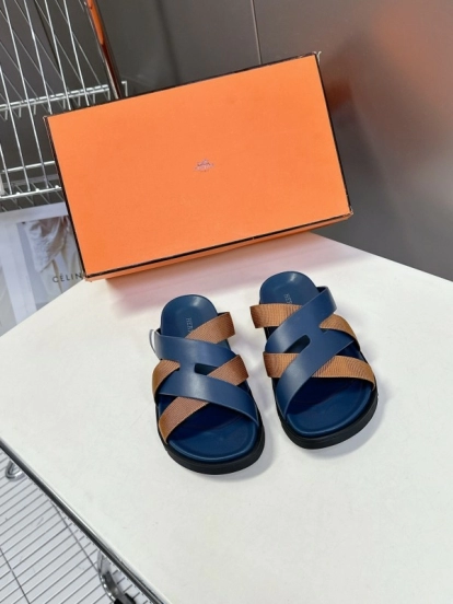 2025 Slippers Hermès Blue Brown Leather Slippers