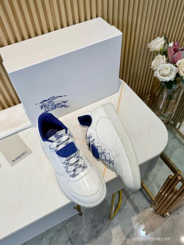2024 Men Burberry White Blue Calf Leather Casual Sneakers MJ00330