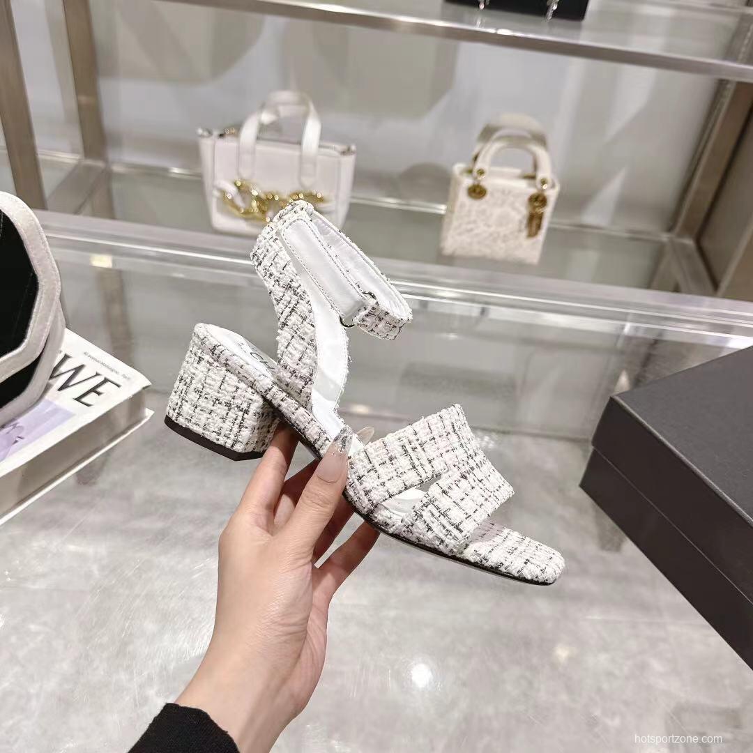 2025 Women Chanel White Black Tweed Leather Sandals LY00280