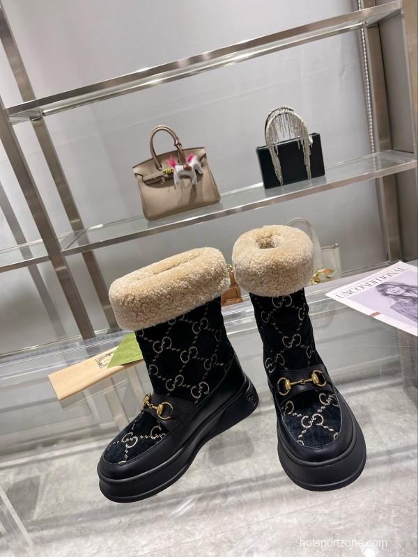 2024 Women Gucci Black Shearling Leather Snow Boots MJ00420