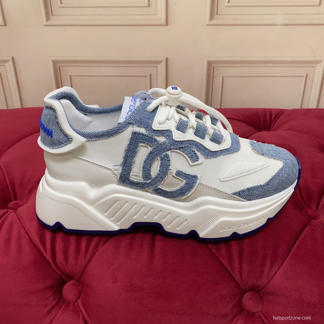 2025 Unisex Dolce & Gabbana White Blue Silk Leather Sneakers Exclusive Craft LY00330(F)/LY00340(M)