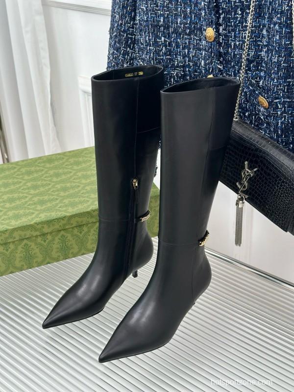 2024 Women YSL Black Leather Boots Chain Detail