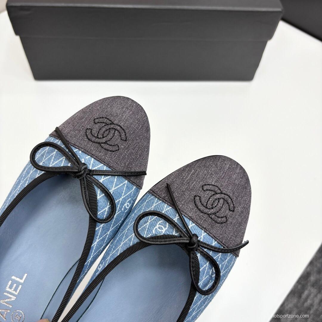 2025 Women Chanel Blue Black Fabric Leather Ballet Flats