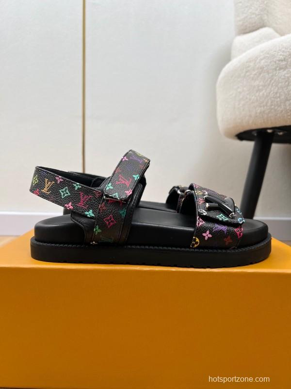 2025 Women Louis Vuitton Black Multicolor Canvas Sandals