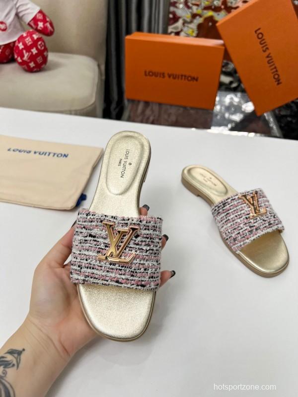2025 Women Louis Vuitton Pink White Gold Fabric Leather Slippers