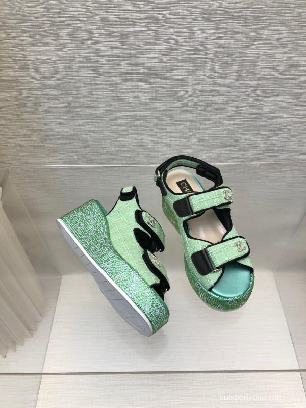 2025 Slippers Chanel Mint Green Textile Platform Sandals LY00330