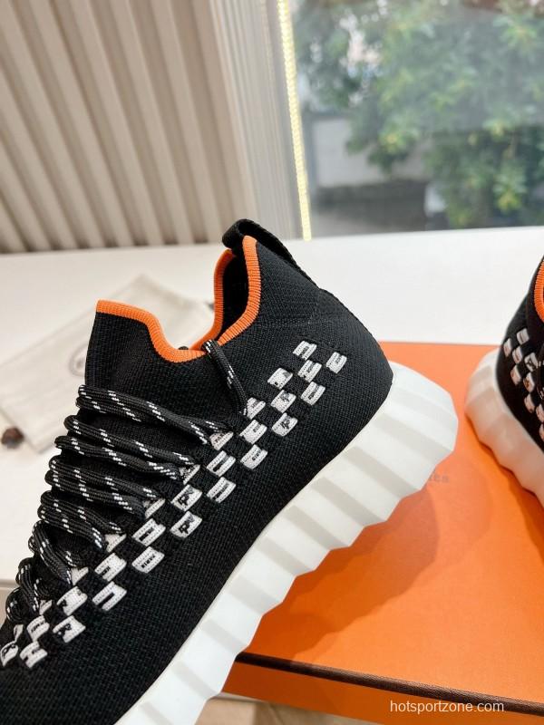 2024 Unisex Hermès Black White Orange Calfskin Suede Sneakers MJ00290