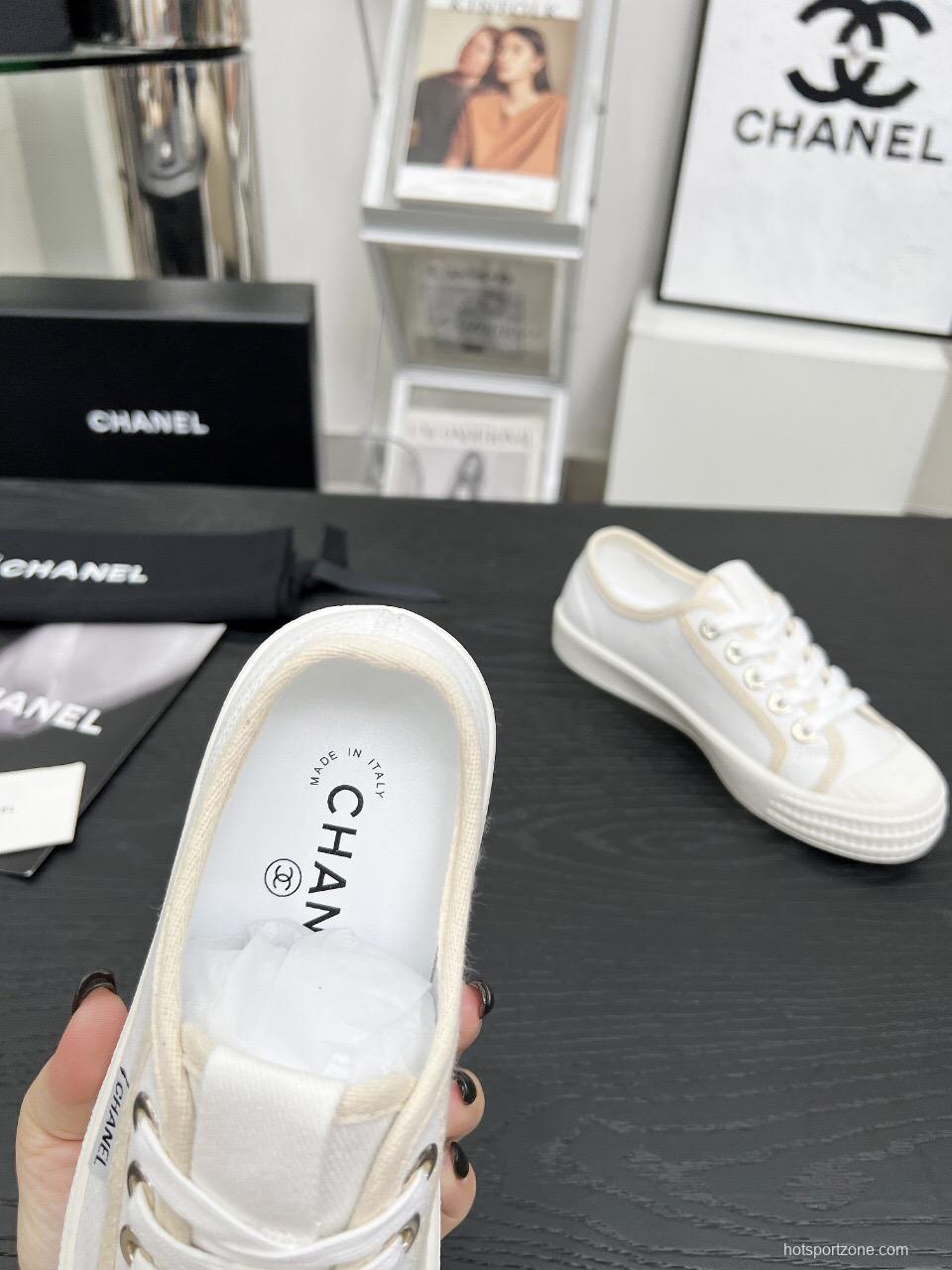 2025 Women Chanel White Canvas Casual Sneakers LY00230