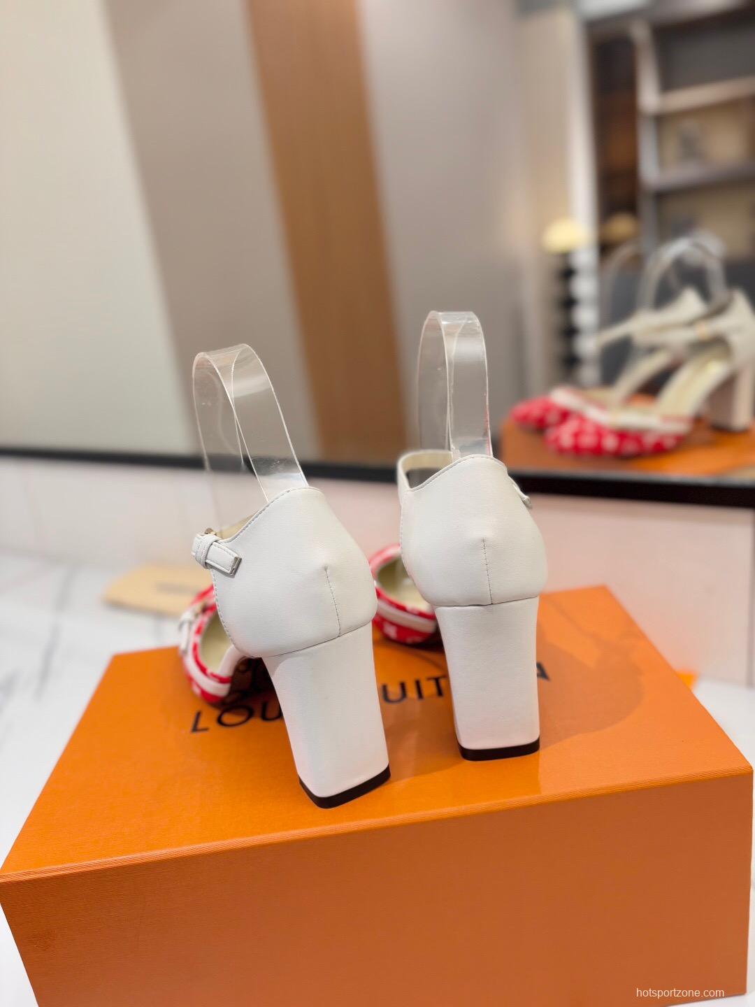 2025 Women Louis Vuitton Red White Denim Leather Heeled Sandals KFY00310