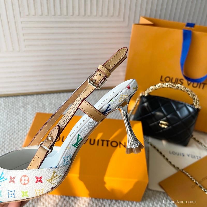 2025 Women Louis Vuitton White Multicolor Canvas Leather Slingback Pumps