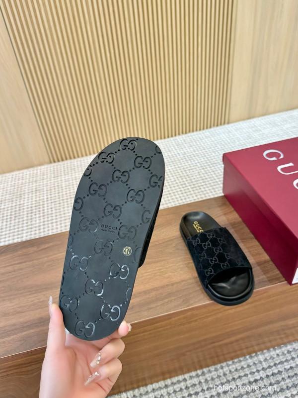 2025 Women Gucci Black Suede Leather Slippers