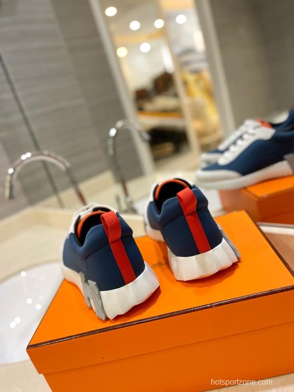 2024 Unisex Hermès Blue White Orange Imported Silk Lambskin Nubuck Sneakers MJ00320