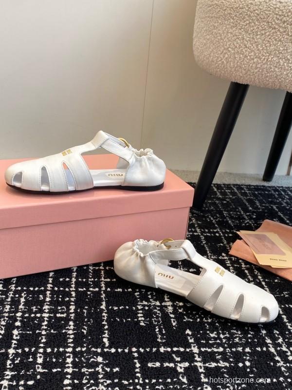 2025 Women Miu Miu White Calf Leather Flat Sandals