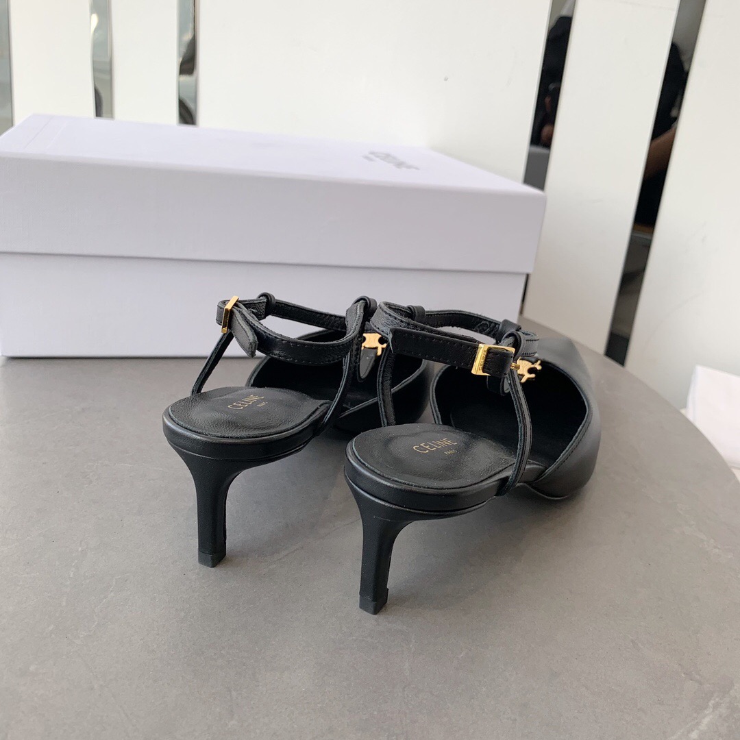 2025 Women Celine Black Calfskin Leather T-Strap TRIOMPHE Pumps
