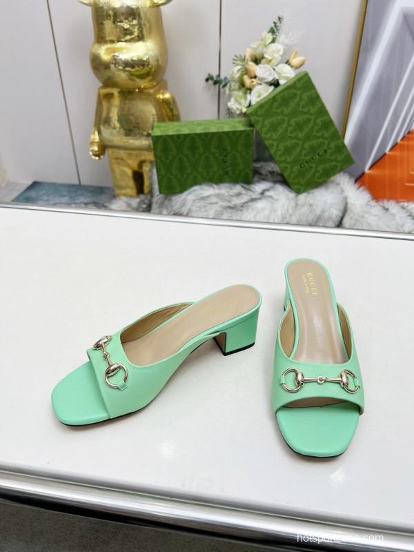 2025 Women Gucci Green Leather Heeled Slippers MJ00180
