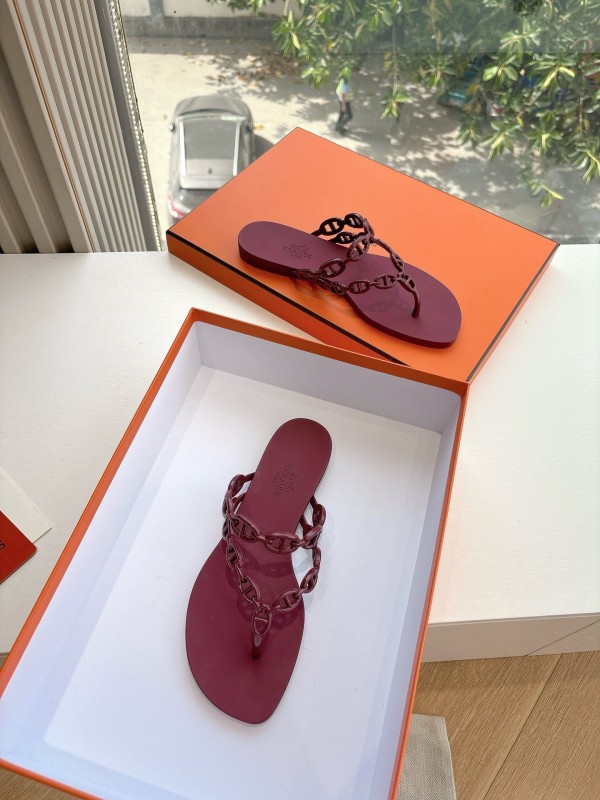 2025 Women Hermès Burgundy Leather Chain Strap Sandals G059 (F)