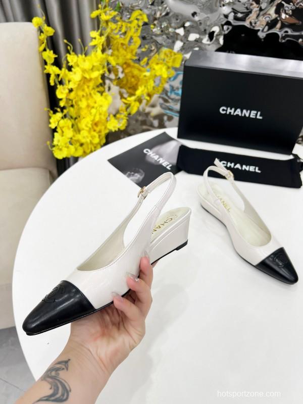 2025 Women Chanel White Black Leather Slingback Flats