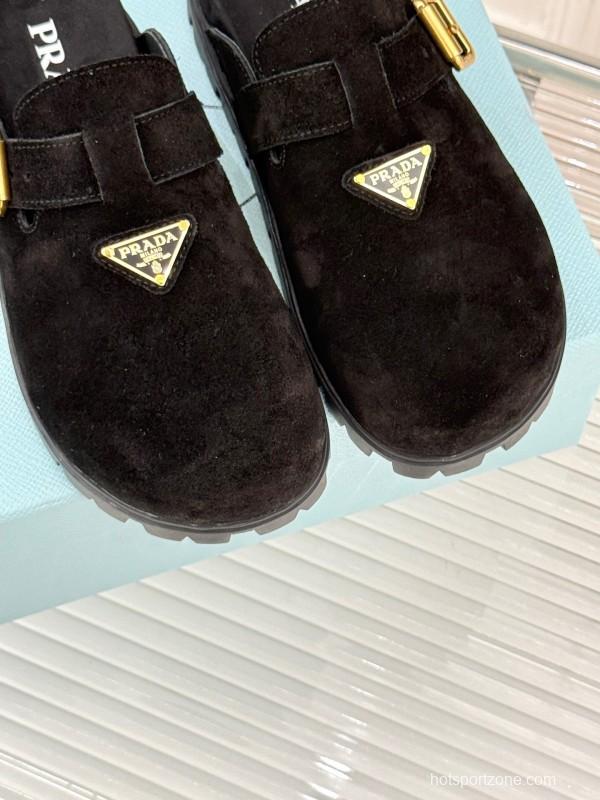 2025 Women Prada Black Suede Slippers