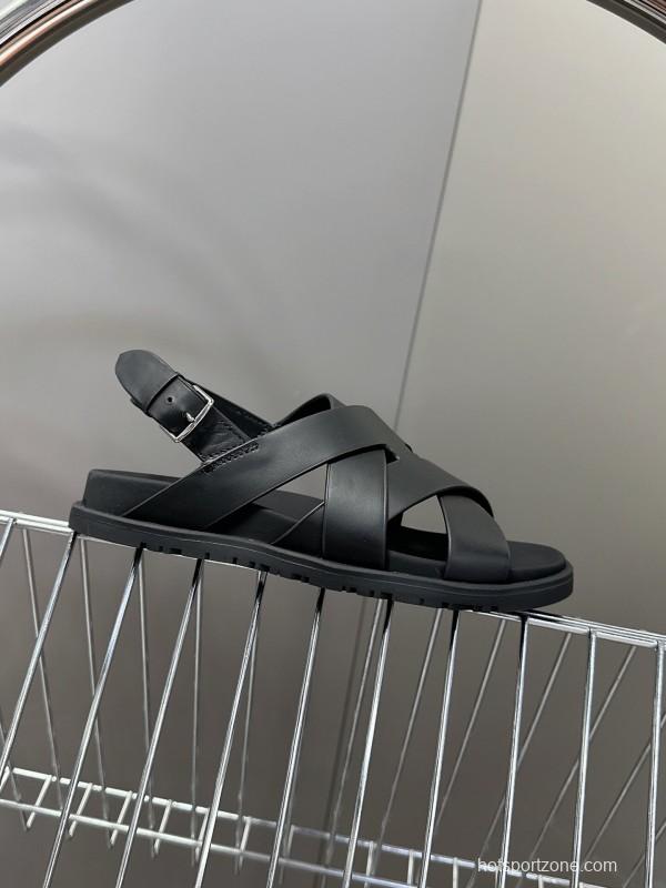 2025 Women Hermès Black Leather Sandals