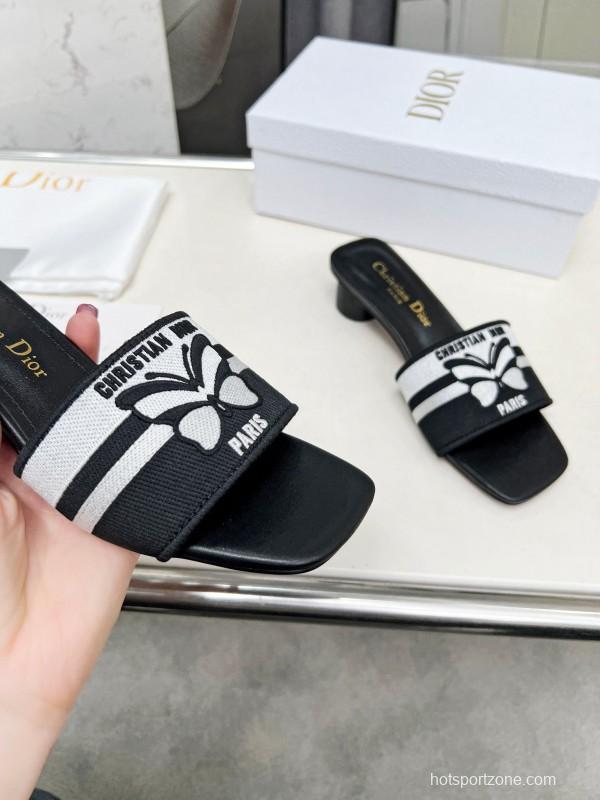 2025 Women Dior Black White Fabric Leather Mid-heel LY00200