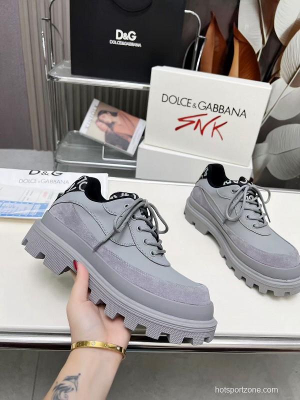 2024 Unisex Dolce & Gabbana Grey Leather Derby Casual Shoes MJ00360
