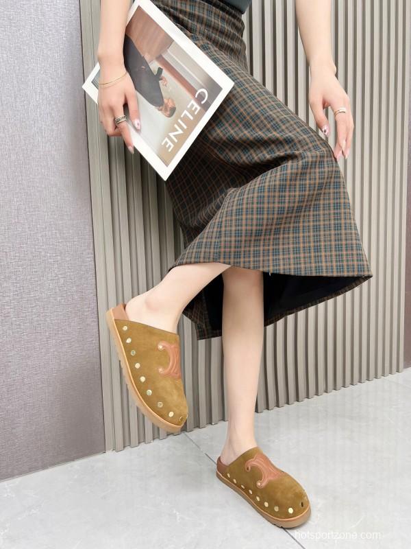 2025 Slippers Celine Brown Pink Suede Leather Studded LY00240