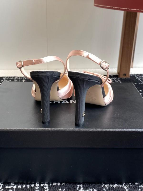 2025 Women Chanel Pink Black Satin Leather Slingback Heels KFY00289