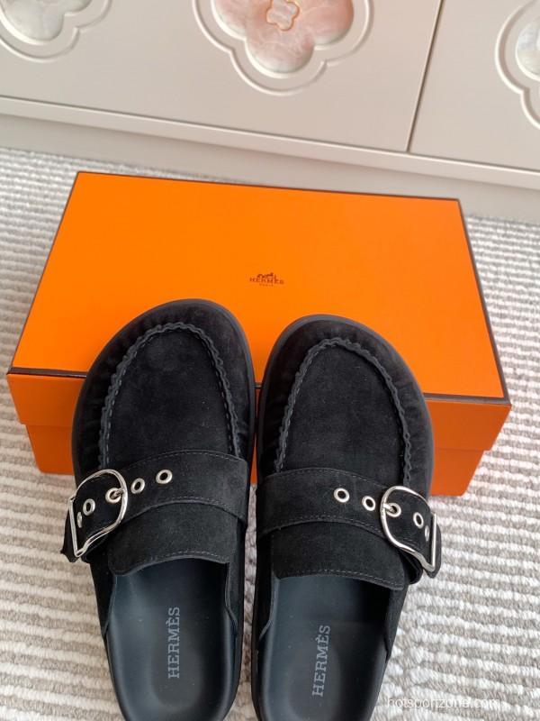 2025 Women Hermès Black Suede Mule Shoes Buckle KFY00290