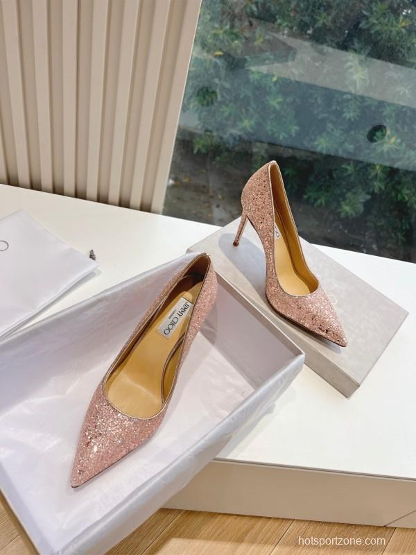 2025 Women Jimmy Choo Pink Glitter Leather Pointed Toe Pumps KFY00280