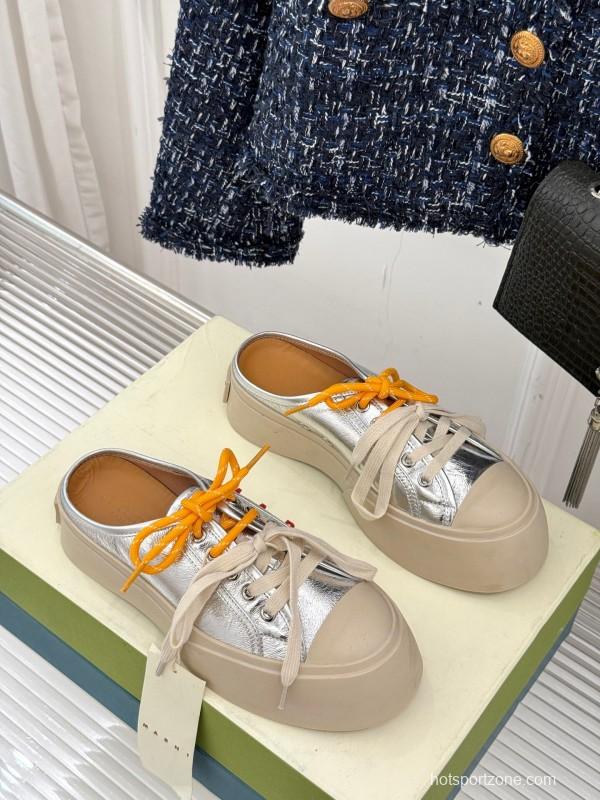 2025 Women Yves Saint Laurent Silver Leather Platform Sneakers With Orange And Beige Laces YSL123(F)