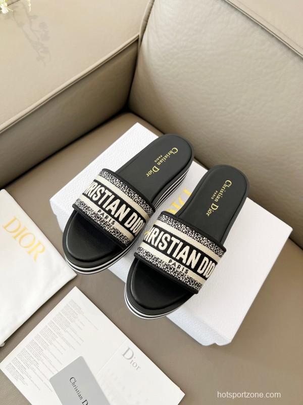 2025 Women Dior Black White Canvas Platform Sandals
